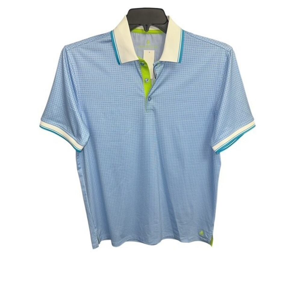Nick Graham Everywhere Large Polo Shirt Blue Bold Box Mod Fit Quick Dry UPF 50+